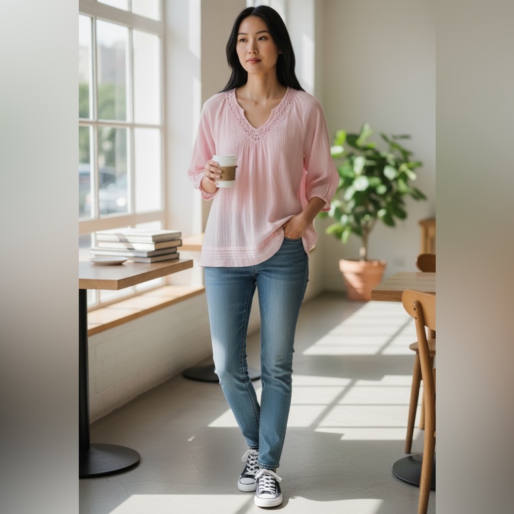 Vintage Soft Surroundings | Pink Gauze Scoop Neck Feminine Women’s Blouse Top 1X